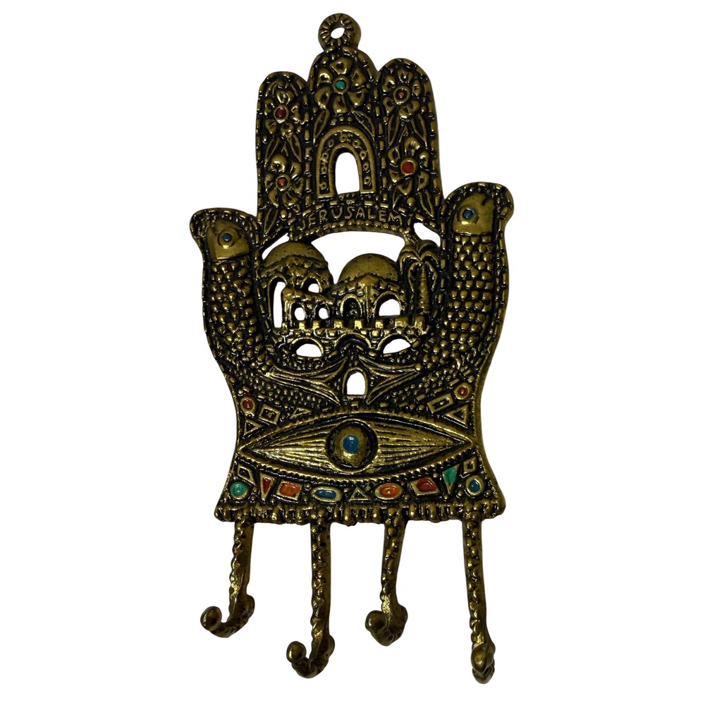 Tamar Holy Land Brass Hamsa Jerusalem Evil Eye Wall Hook Rack Vintage Israel